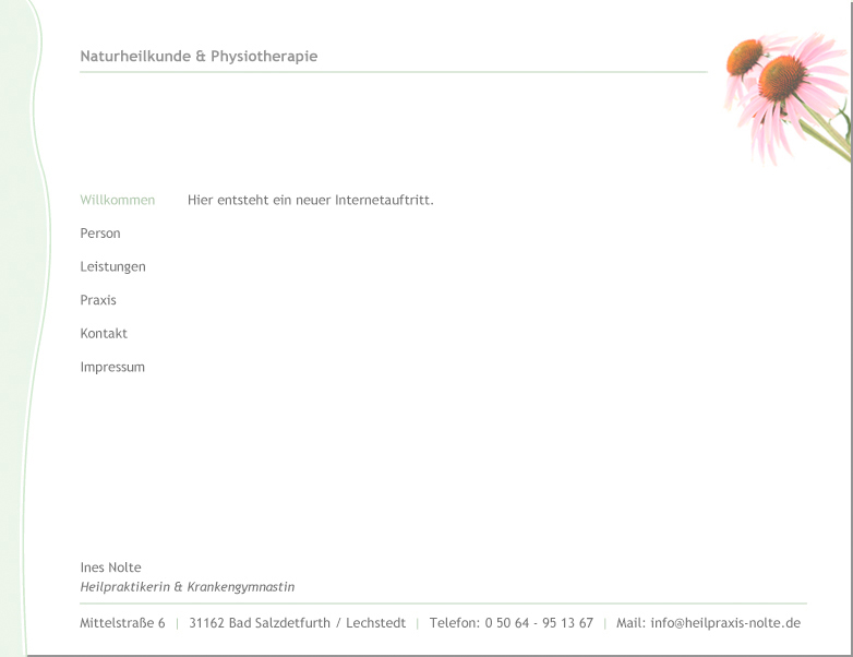 Bild mit Kontaktinformationen und Hinweis: Hier entsteht eine neue Internetpräsenz